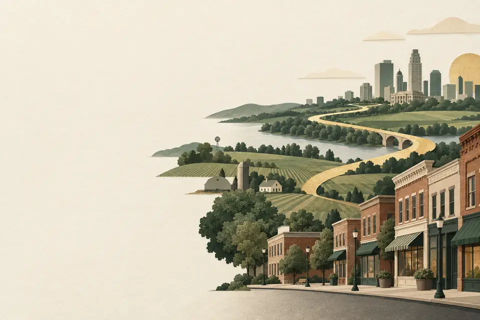 Editorial illustration of a Midwest main street, fields, a river, and a path toward a city skyline